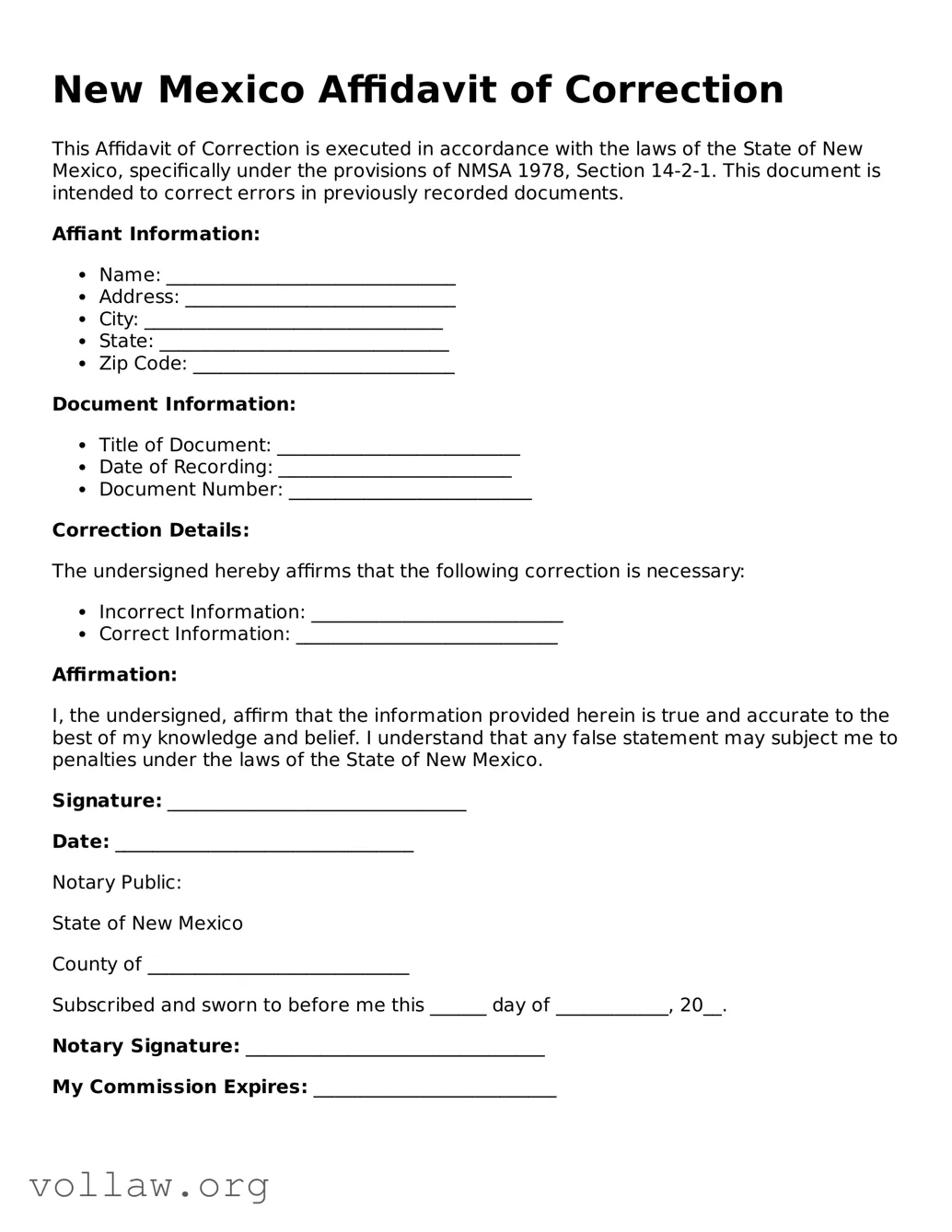 Attorney-Verified  Affidavit of Correction Form for New Mexico