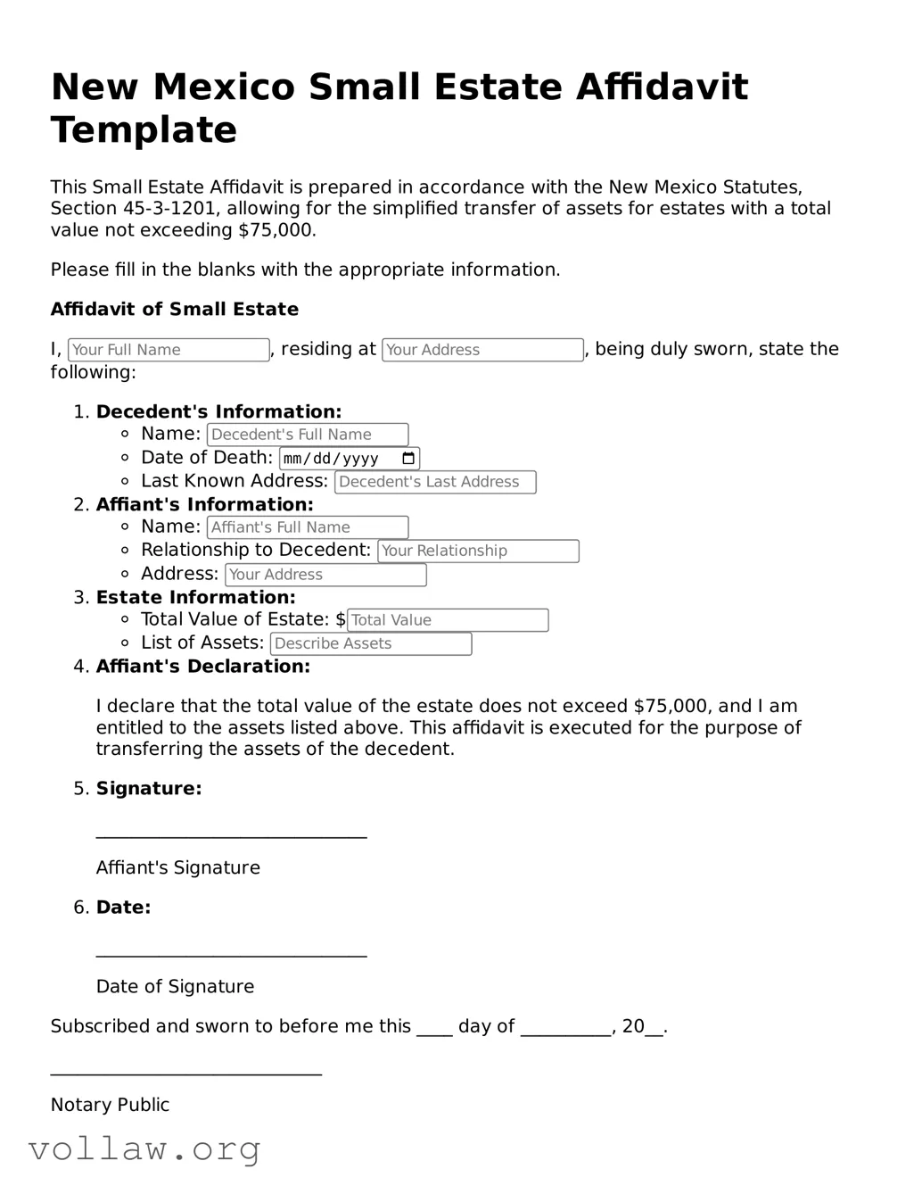 Attorney-Verified  Small Estate Affidavit Form for New Mexico