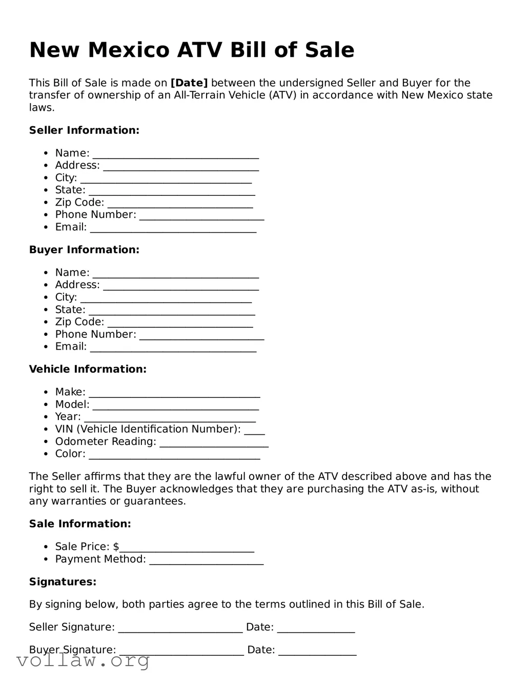 Attorney-Verified  ATV Bill of Sale Form for New Mexico