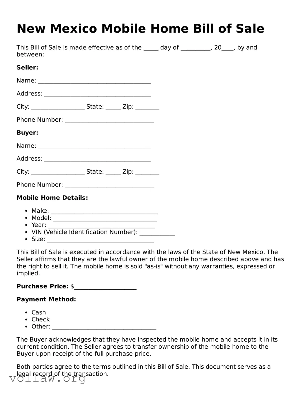 Attorney-Verified  Mobile Home Bill of Sale Form for New Mexico