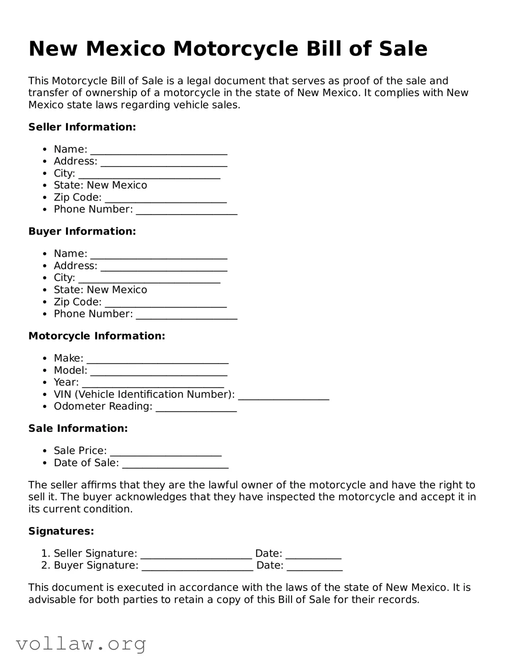 Attorney-Verified  Motorcycle Bill of Sale Form for New Mexico