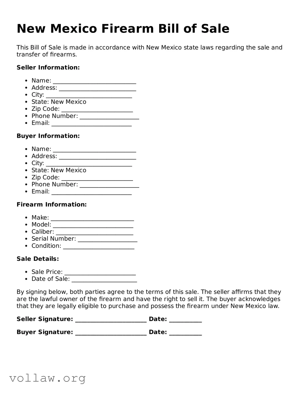 Attorney-Verified  Firearm Bill of Sale Form for New Mexico