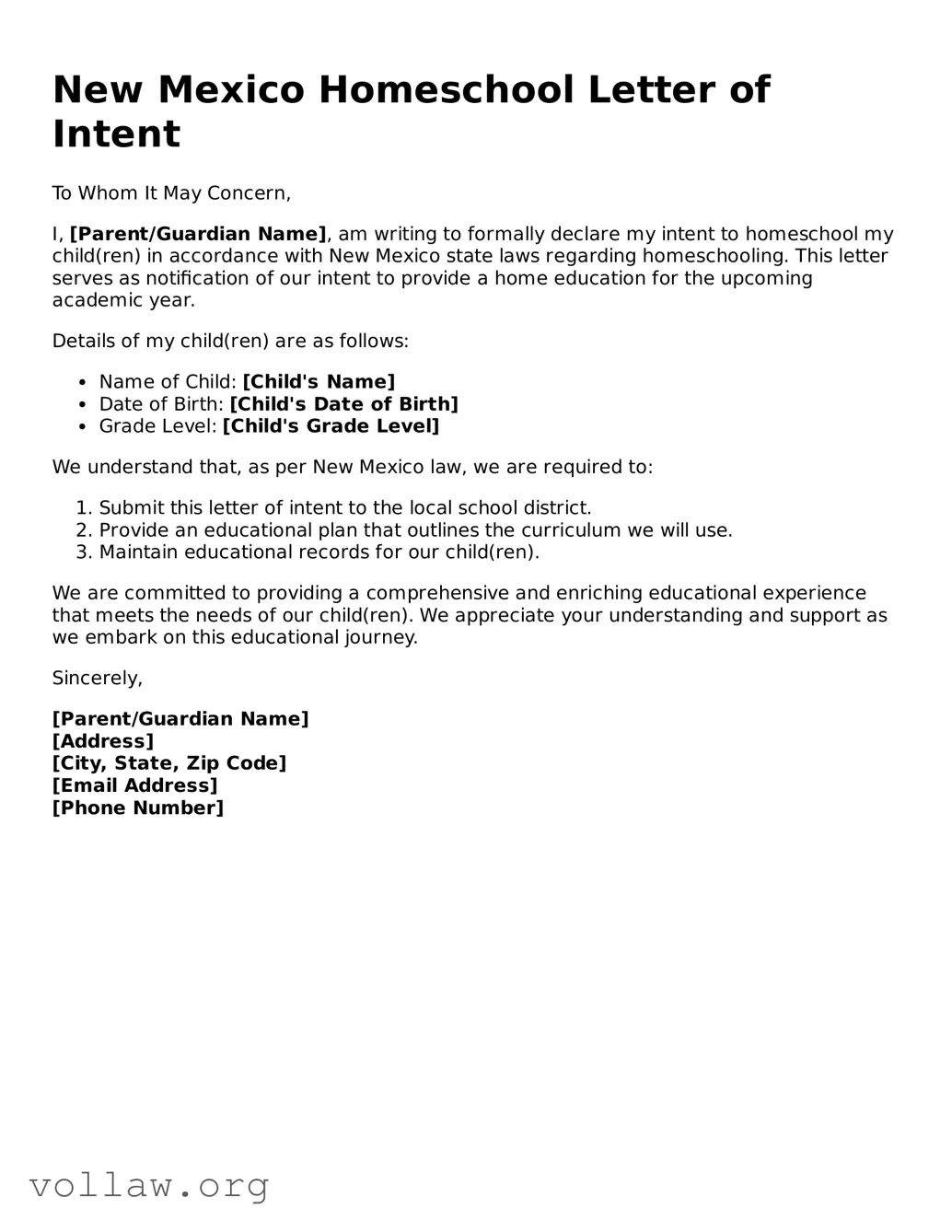 Attorney-Verified  Homeschool Letter of Intent Form for New Mexico