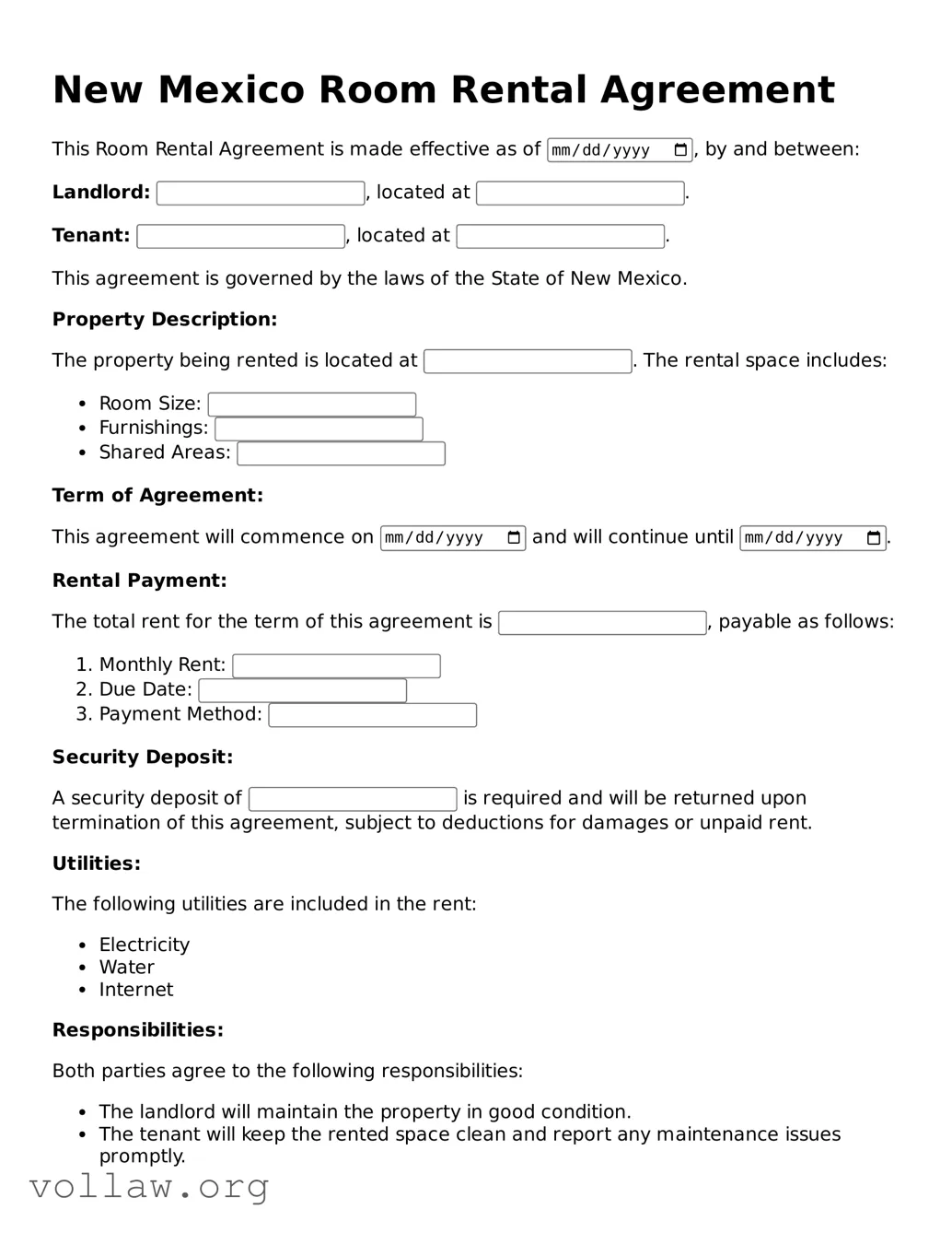 Attorney-Verified  Room Rental Agreement Form for New Mexico