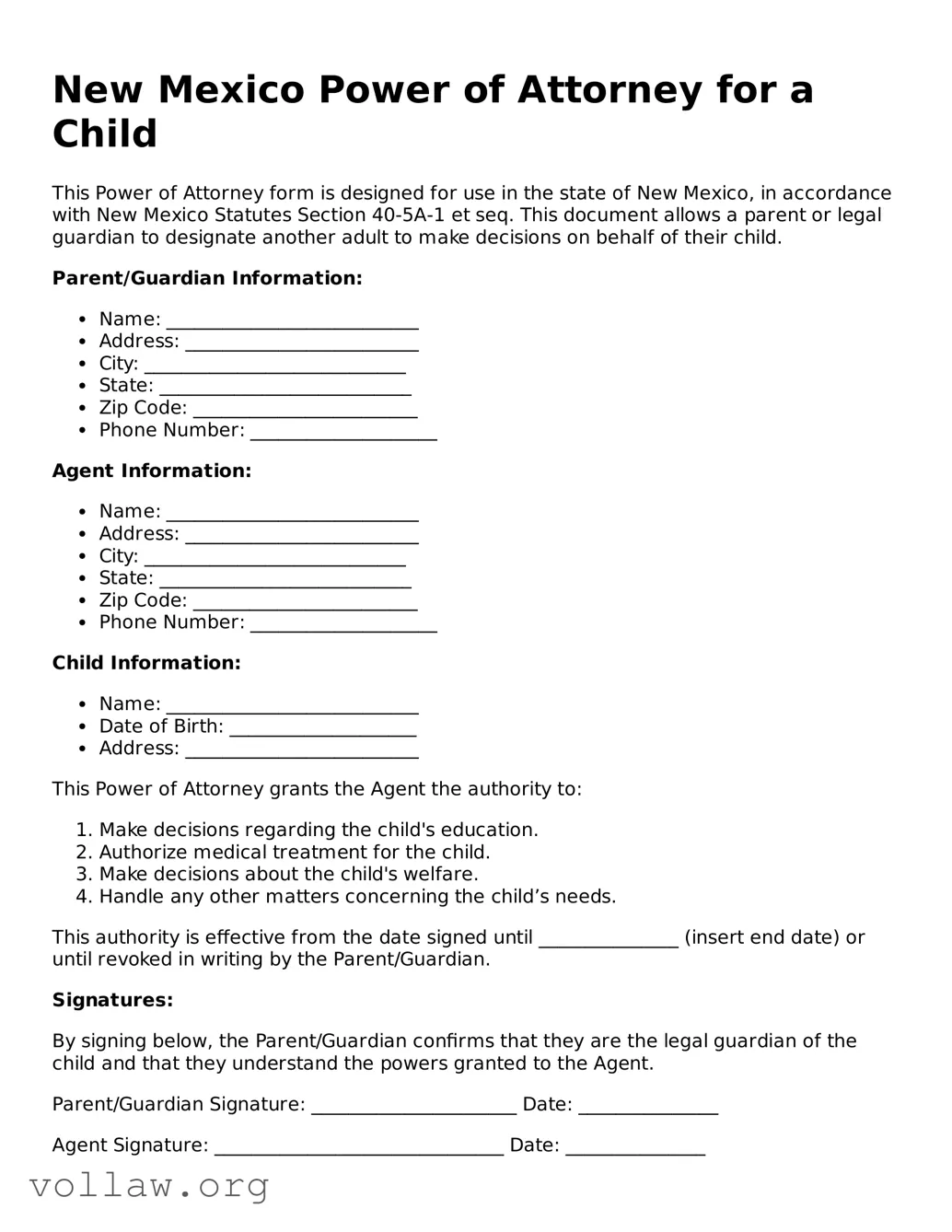 Attorney-Verified  Power of Attorney for a Child Form for New Mexico