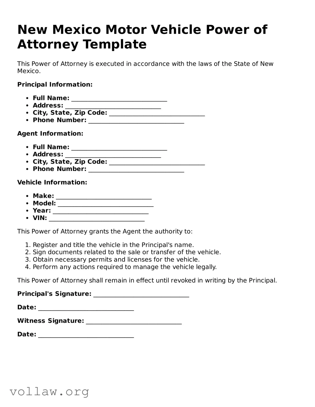 Attorney-Verified  Motor Vehicle Power of Attorney Form for New Mexico