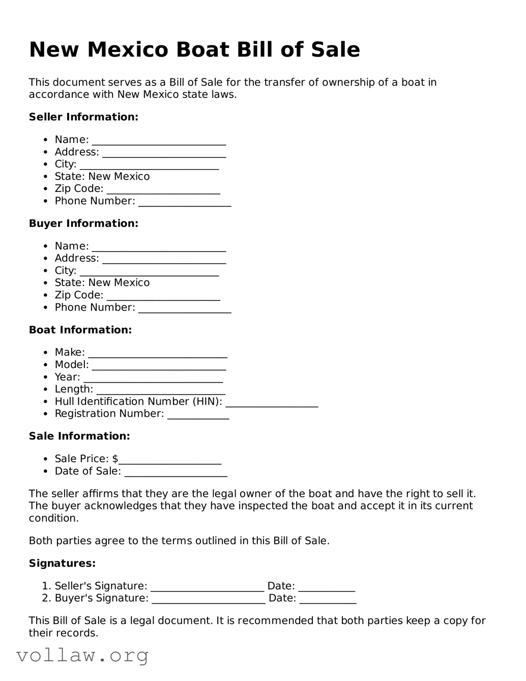 Attorney-Verified  Boat Bill of Sale Form for New Mexico
