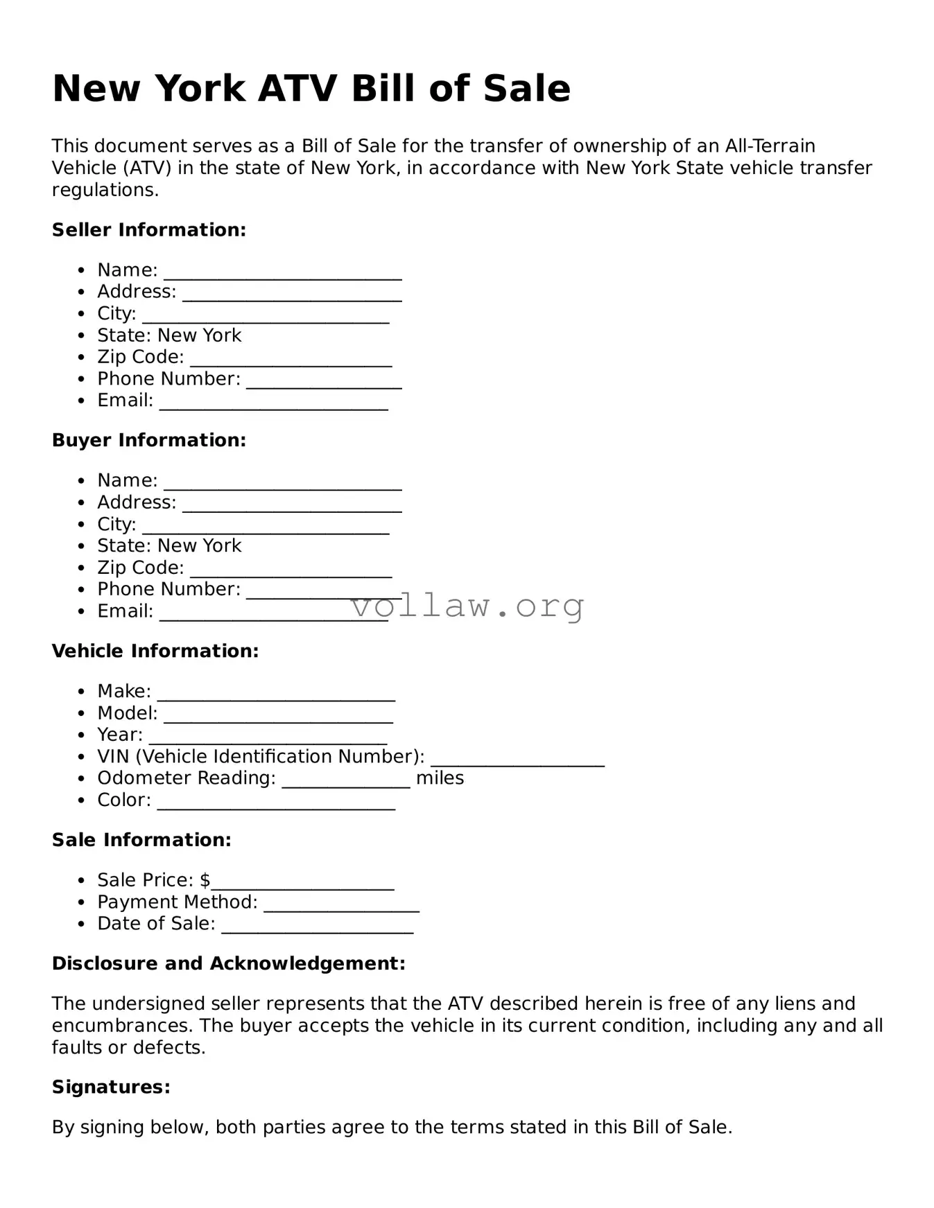 Attorney-Verified  ATV Bill of Sale Form for New York