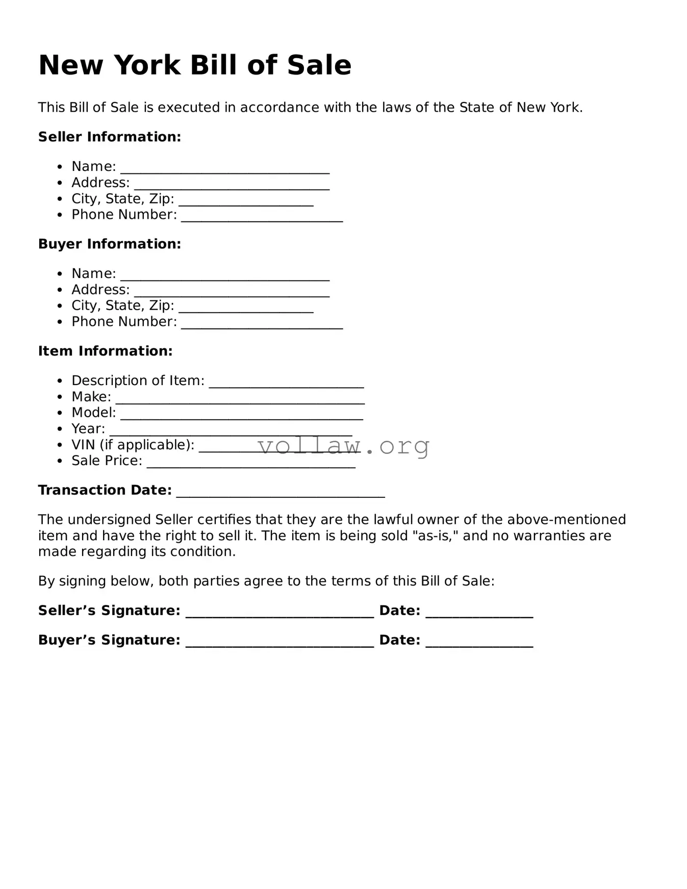 Attorney-Verified  Bill of Sale Form for New York