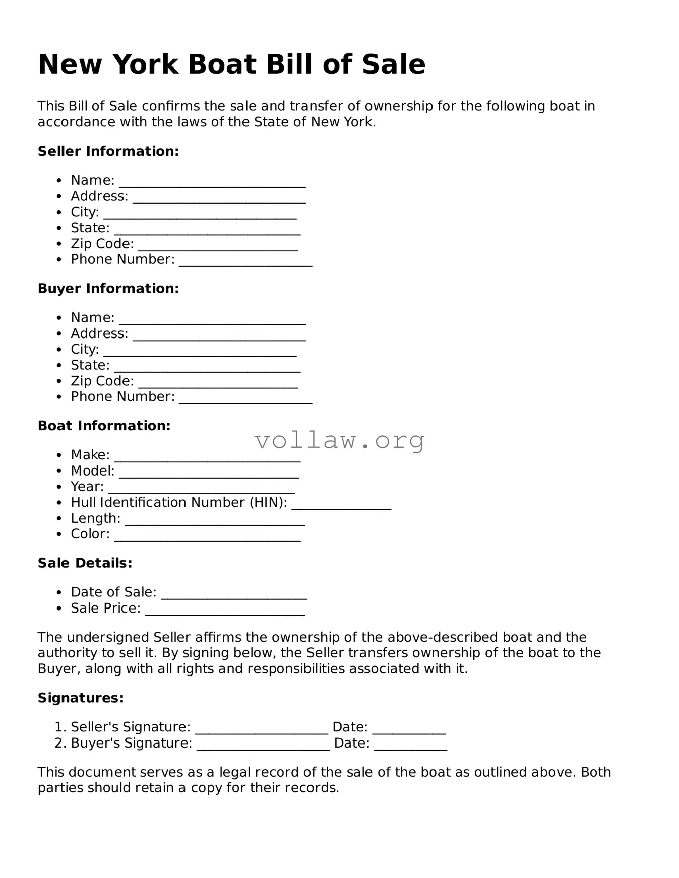 Attorney-Verified  Boat Bill of Sale Form for New York