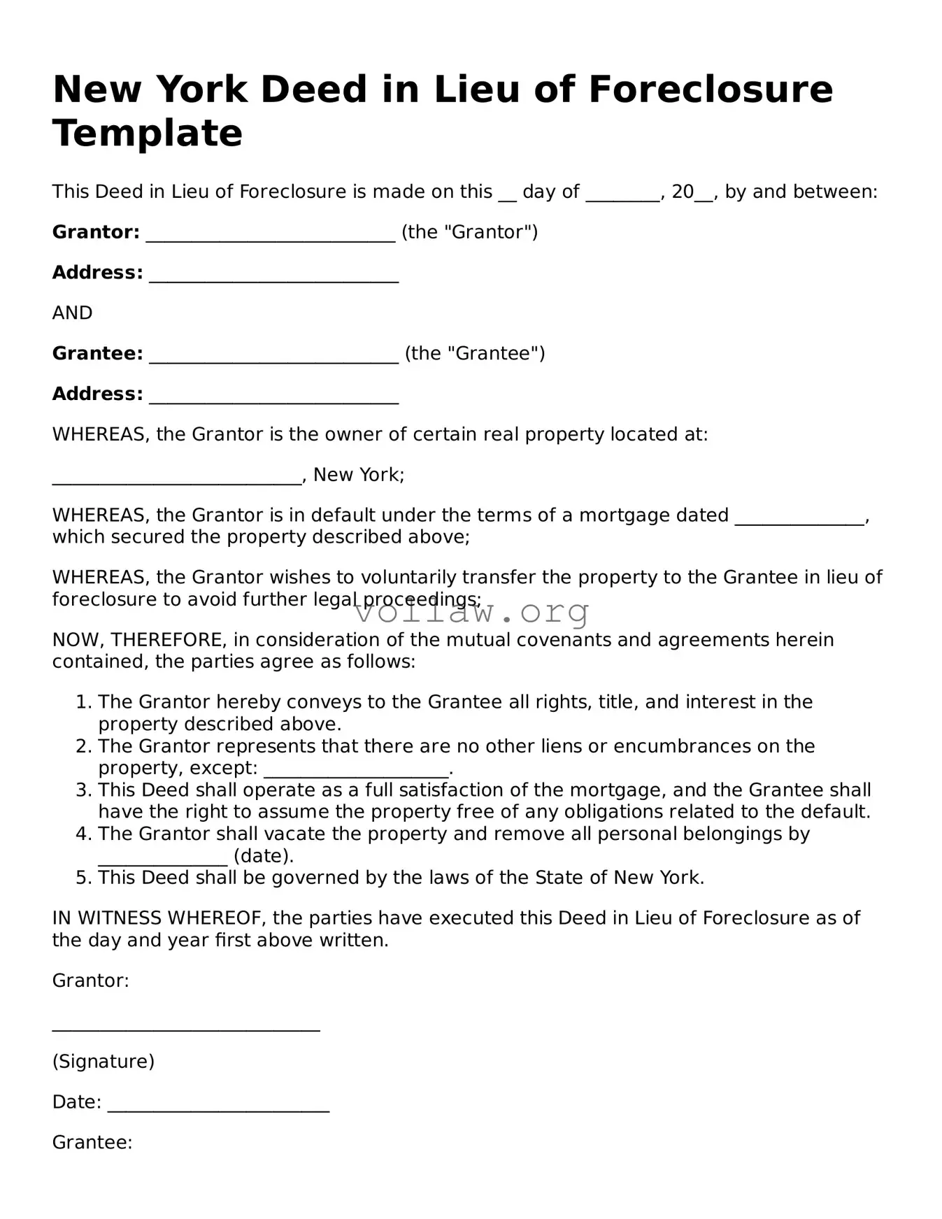 Attorney-Verified  Deed in Lieu of Foreclosure Form for New York