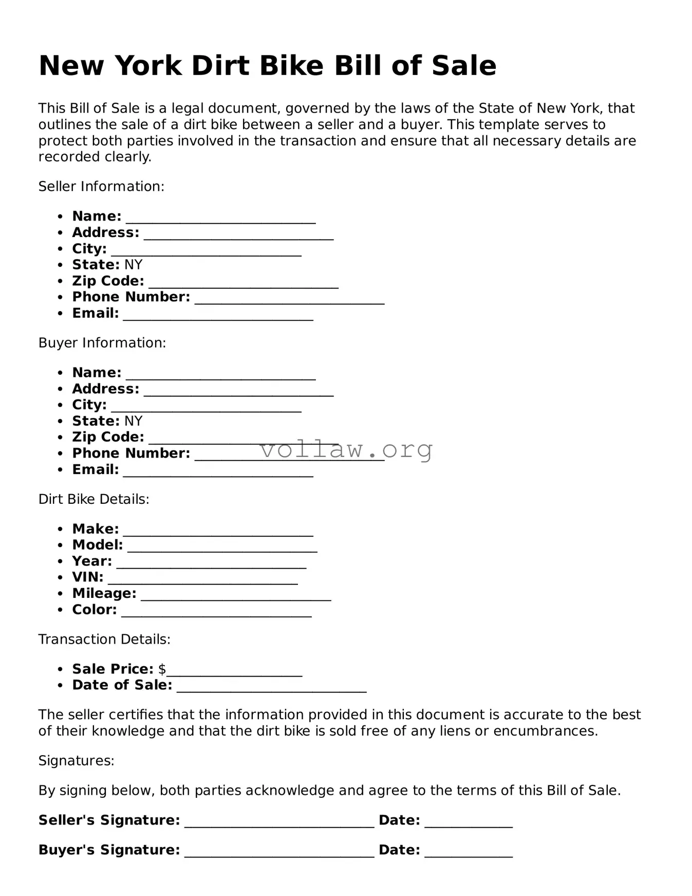 Attorney-Verified  Dirt Bike Bill of Sale Form for New York