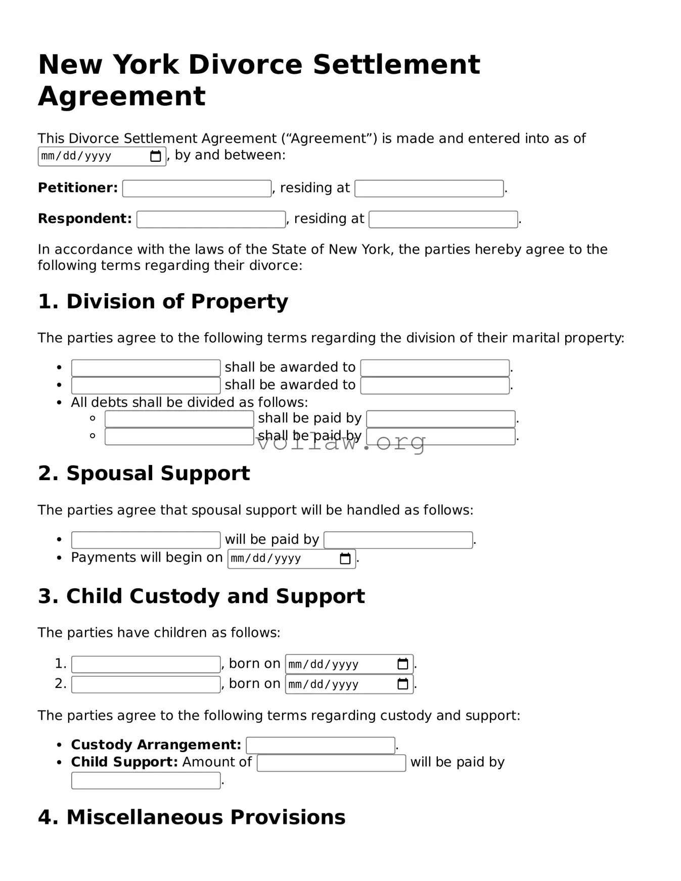 Attorney-Verified  Divorce Settlement Agreement Form for New York