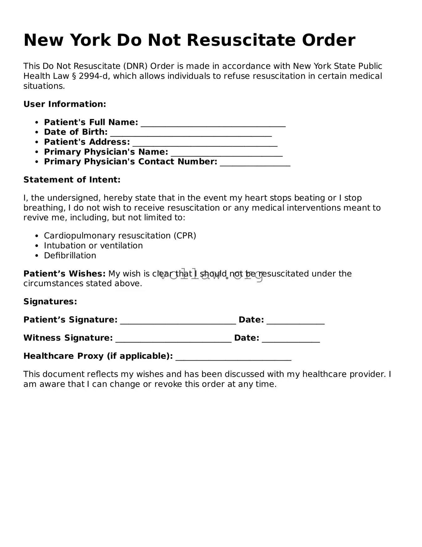 Attorney-Verified  Do Not Resuscitate Order Form for New York