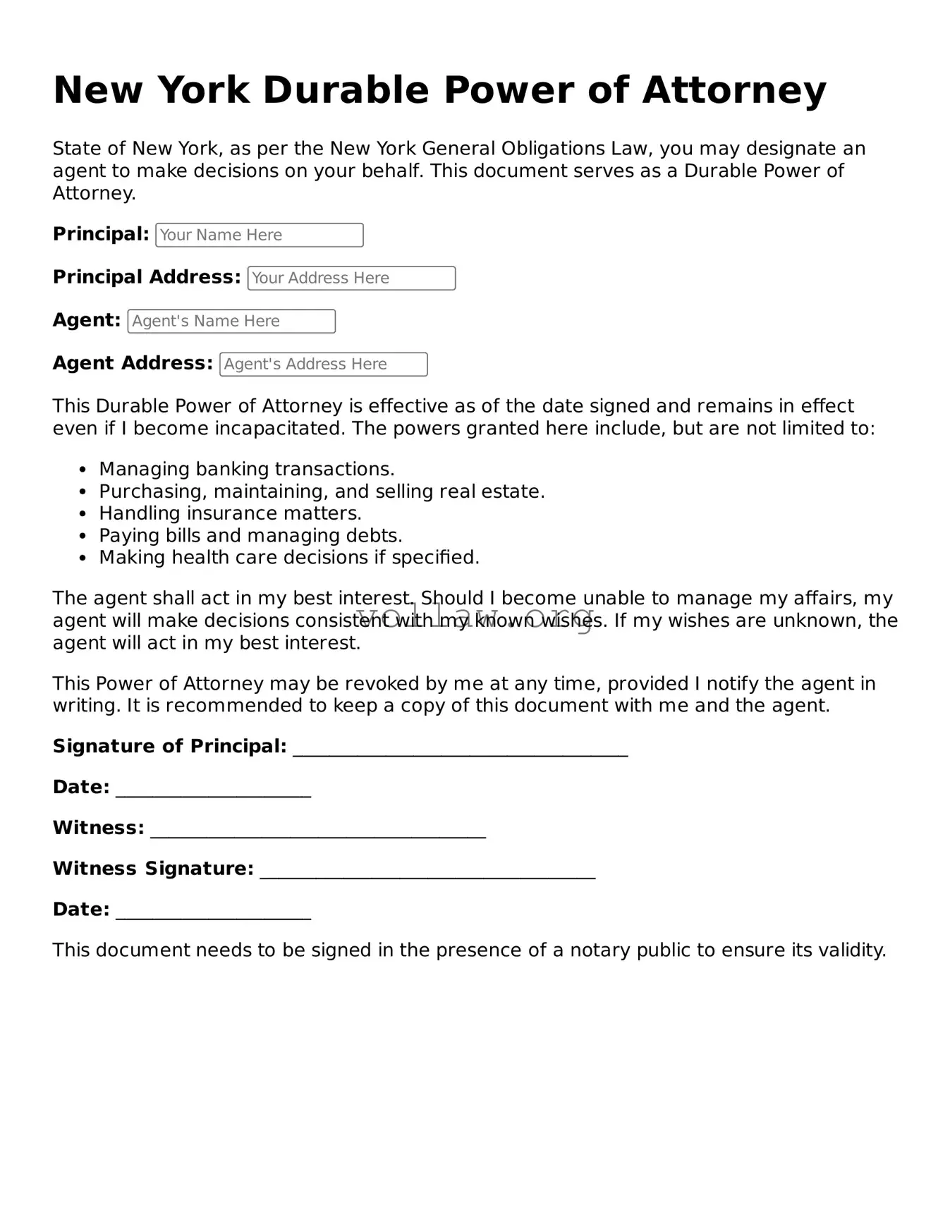 Attorney-Verified  Durable Power of Attorney Form for New York