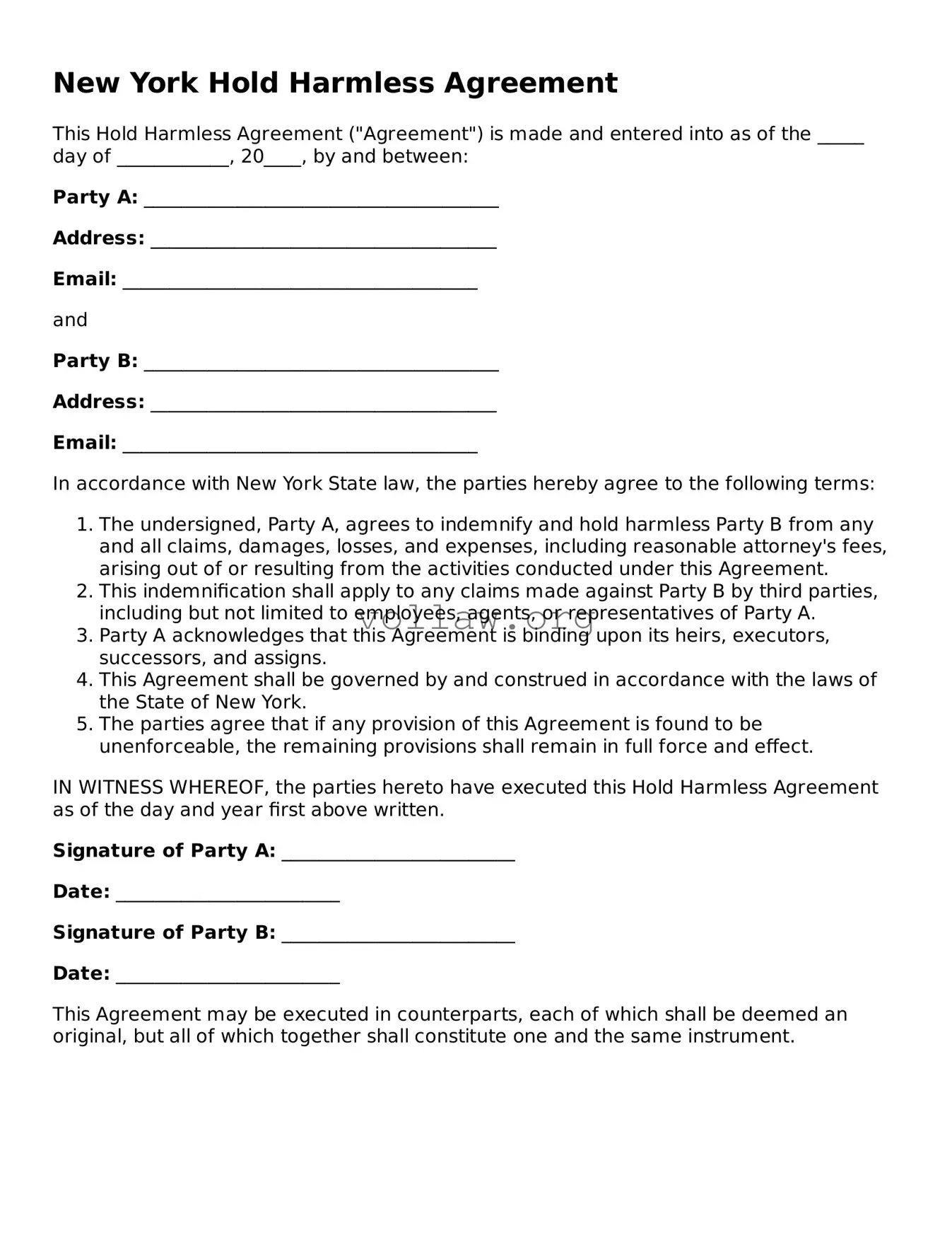 Attorney-Verified  Hold Harmless Agreement Form for New York