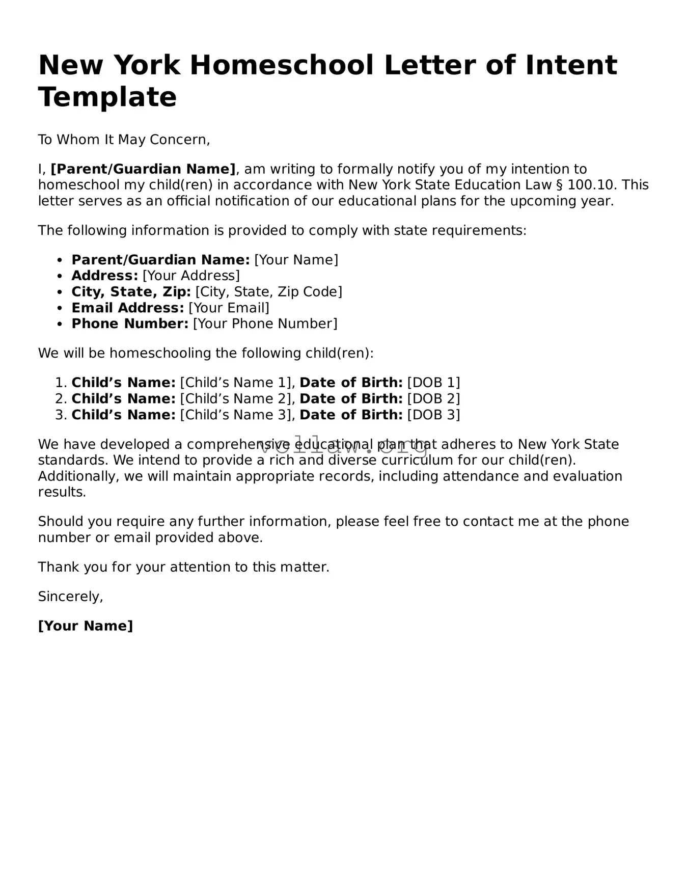 Attorney-Verified  Homeschool Letter of Intent Form for New York