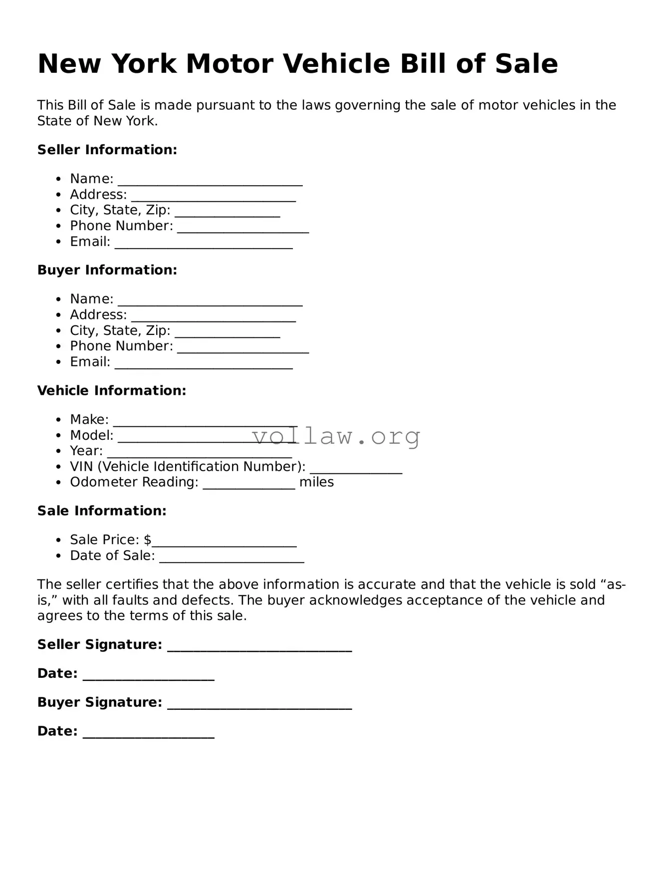 Attorney-Verified  Motor Vehicle Bill of Sale Form for New York