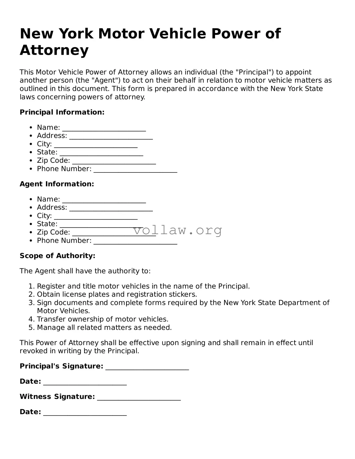 Attorney-Verified  Motor Vehicle Power of Attorney Form for New York