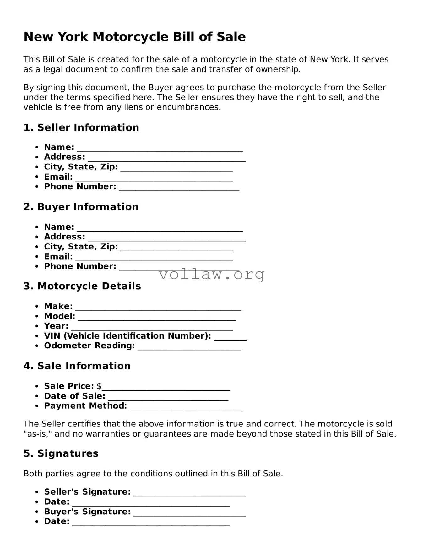 Attorney-Verified  Motorcycle Bill of Sale Form for New York