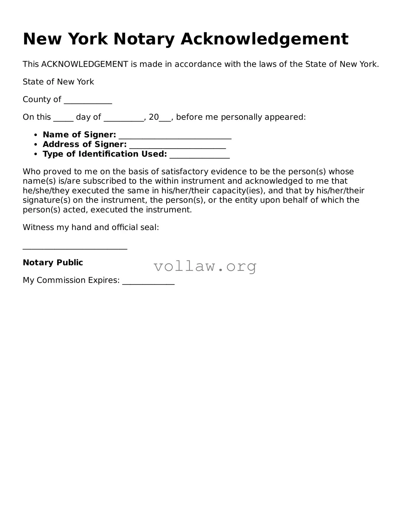 Attorney-Verified  Notary Acknowledgement Form for New York