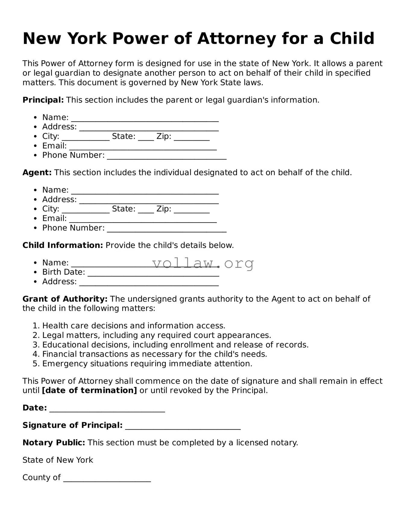 Attorney-Verified  Power of Attorney for a Child Form for New York