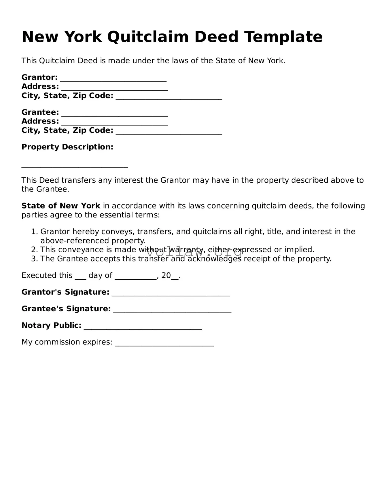 Attorney-Verified  Quitclaim Deed Form for New York