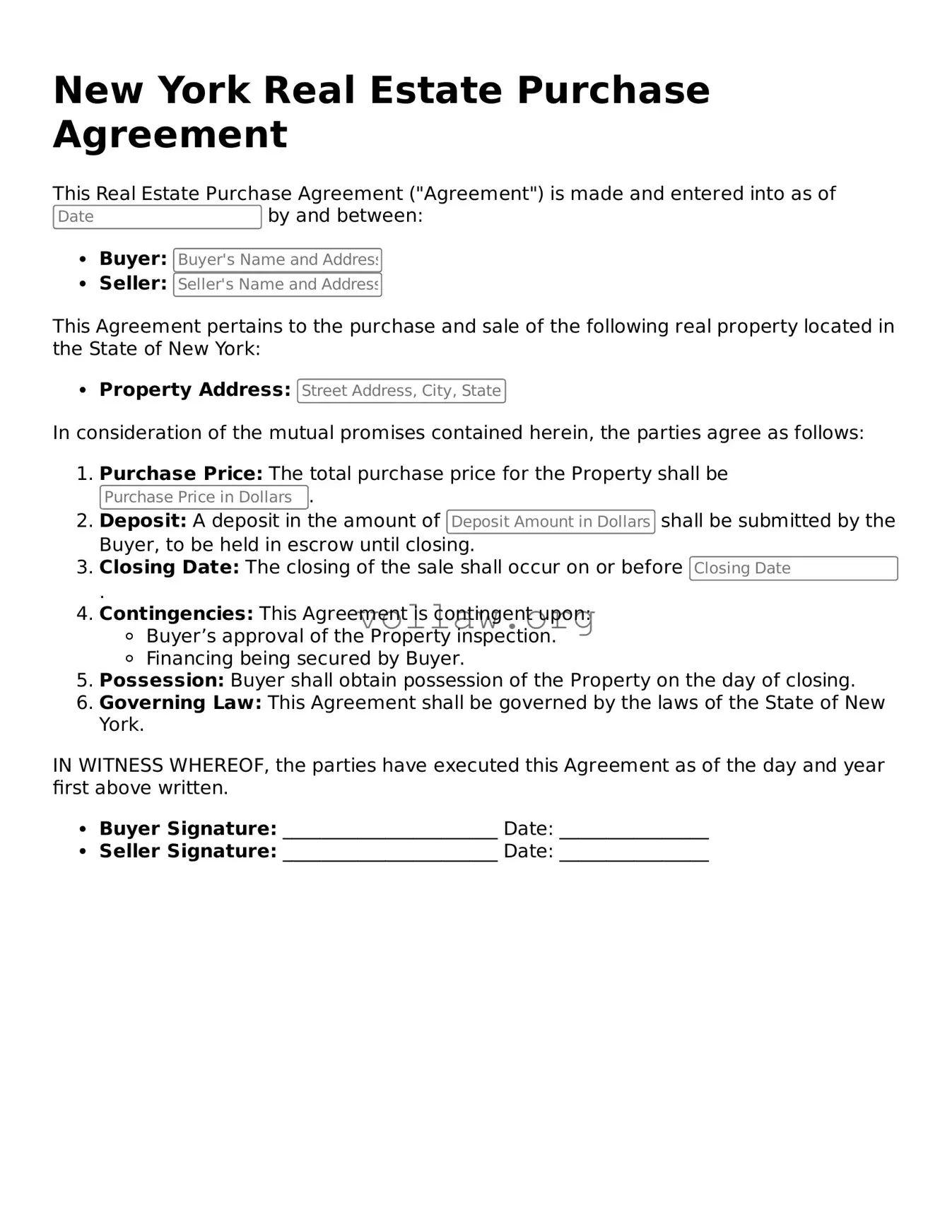 Attorney-Verified  Real Estate Purchase Agreement Form for New York