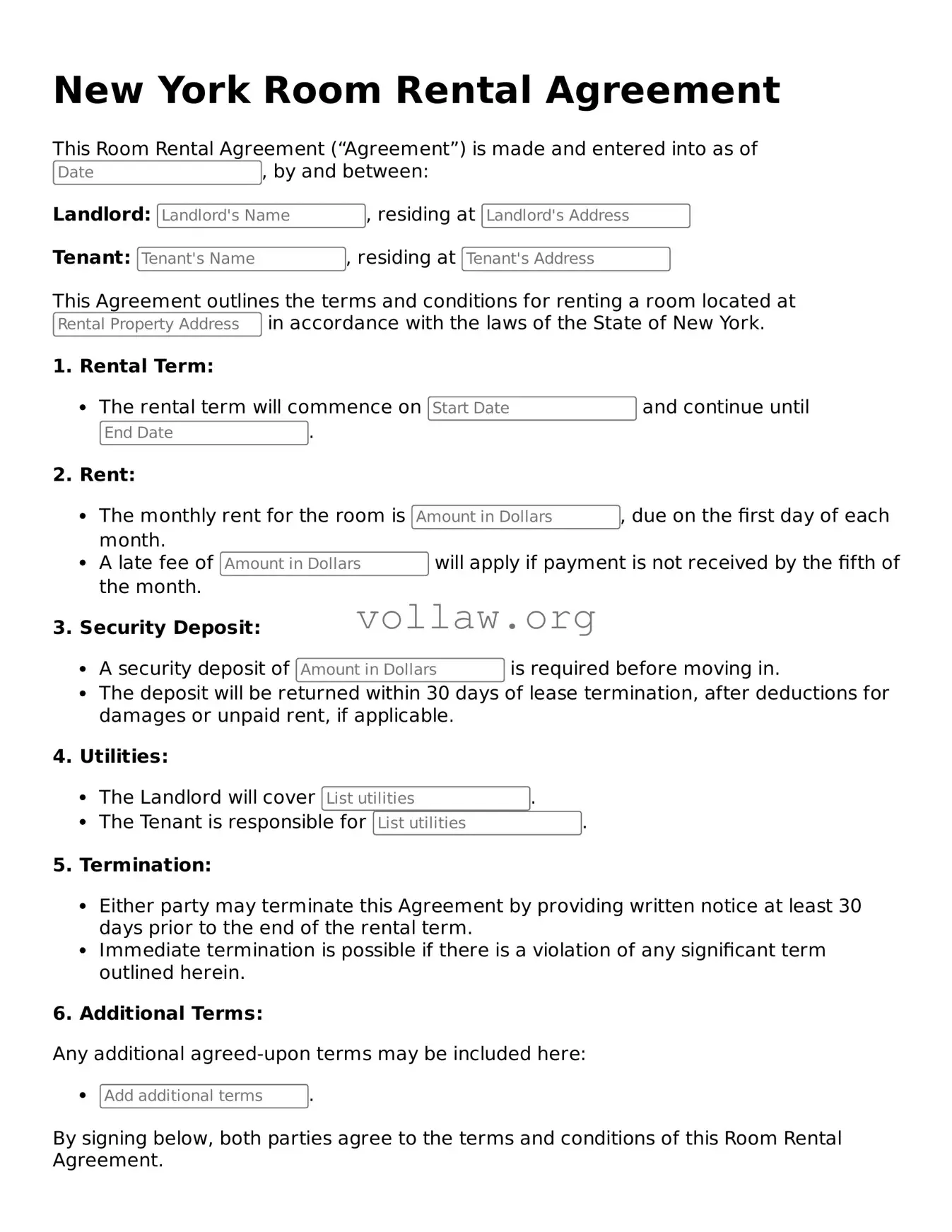 Attorney-Verified  Room Rental Agreement Form for New York