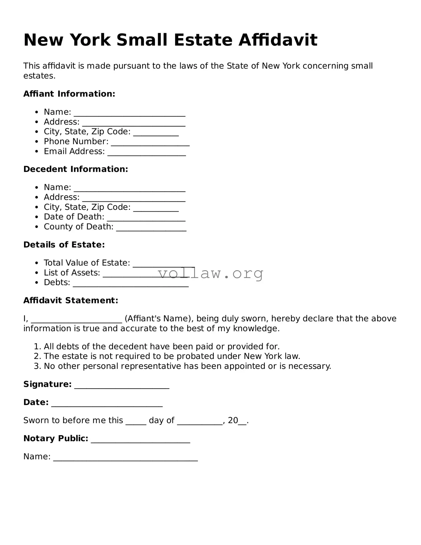 Attorney-Verified  Small Estate Affidavit Form for New York
