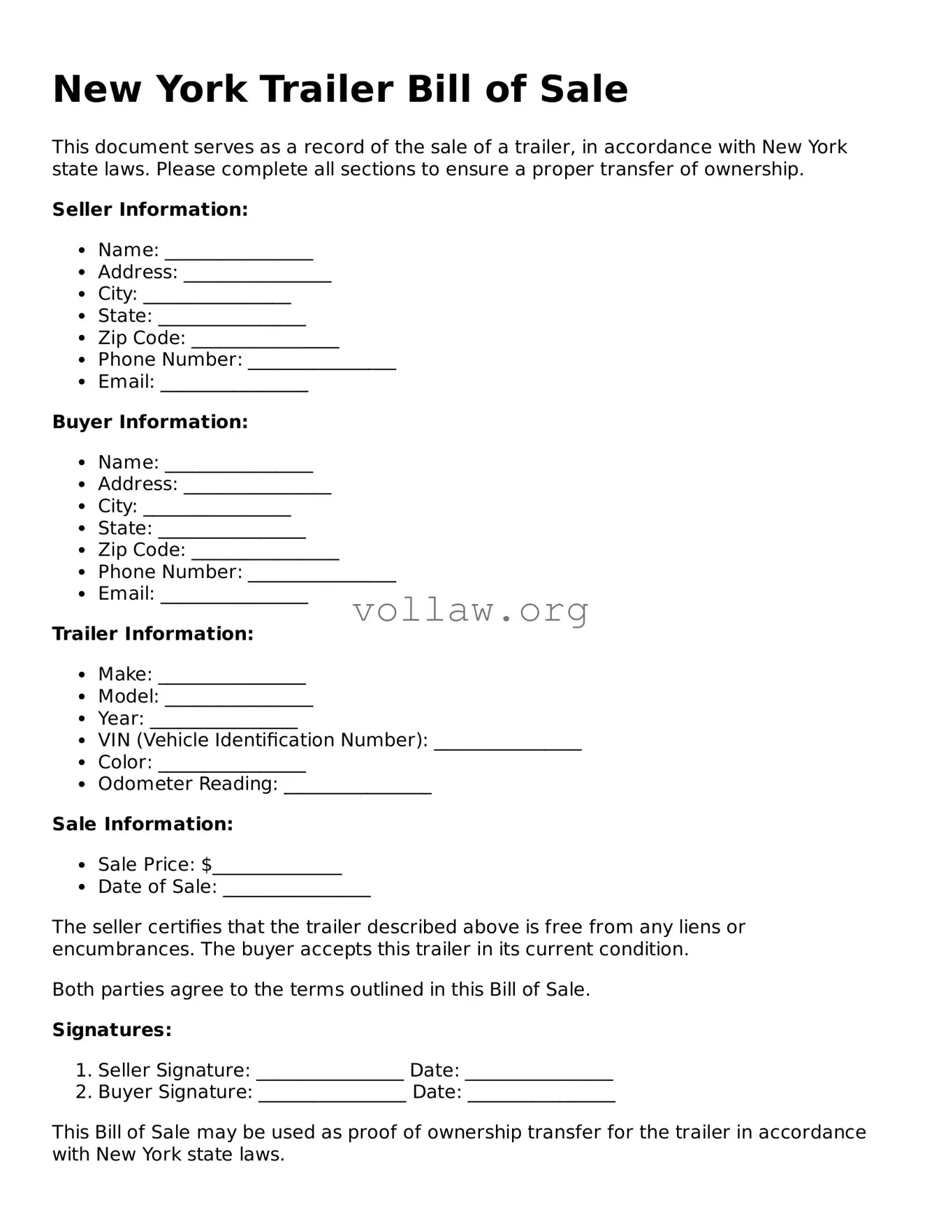 Attorney-Verified  Trailer Bill of Sale Form for New York