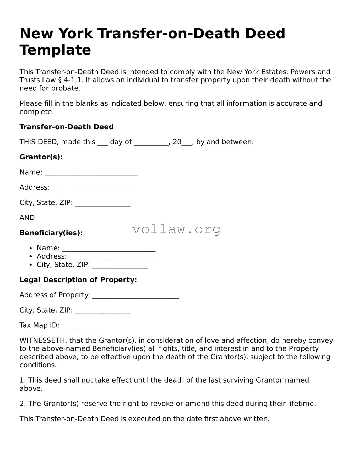 Attorney-Verified  Transfer-on-Death Deed Form for New York