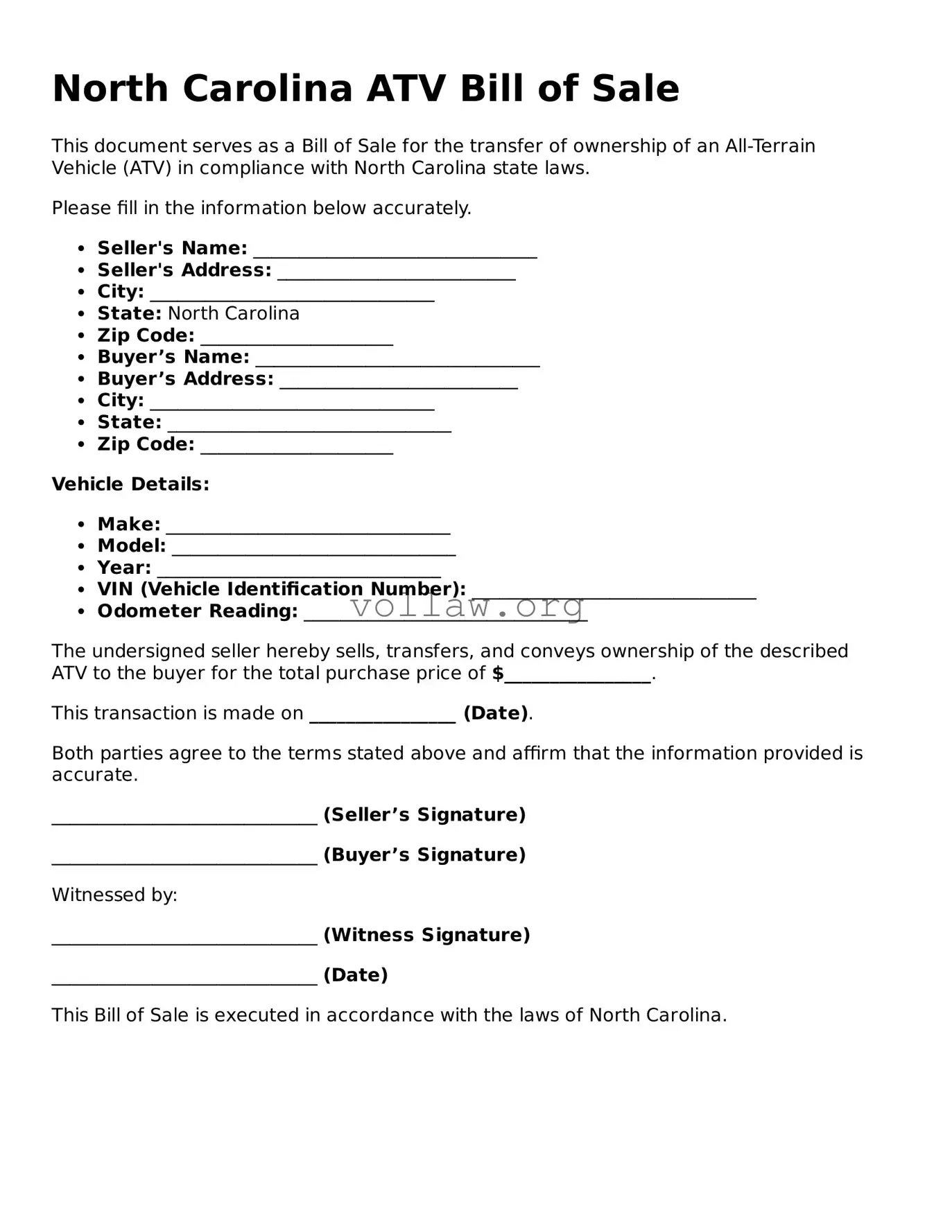 Attorney-Verified  ATV Bill of Sale Form for North Carolina