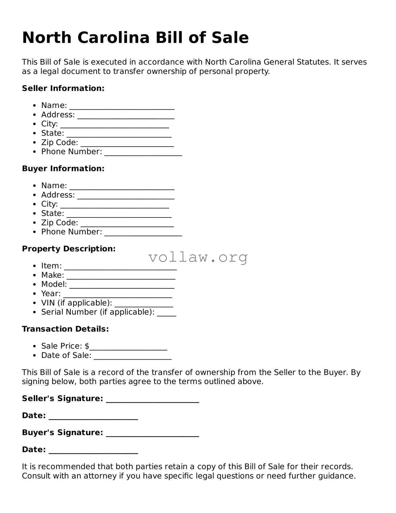 Attorney-Verified  Bill of Sale Form for North Carolina