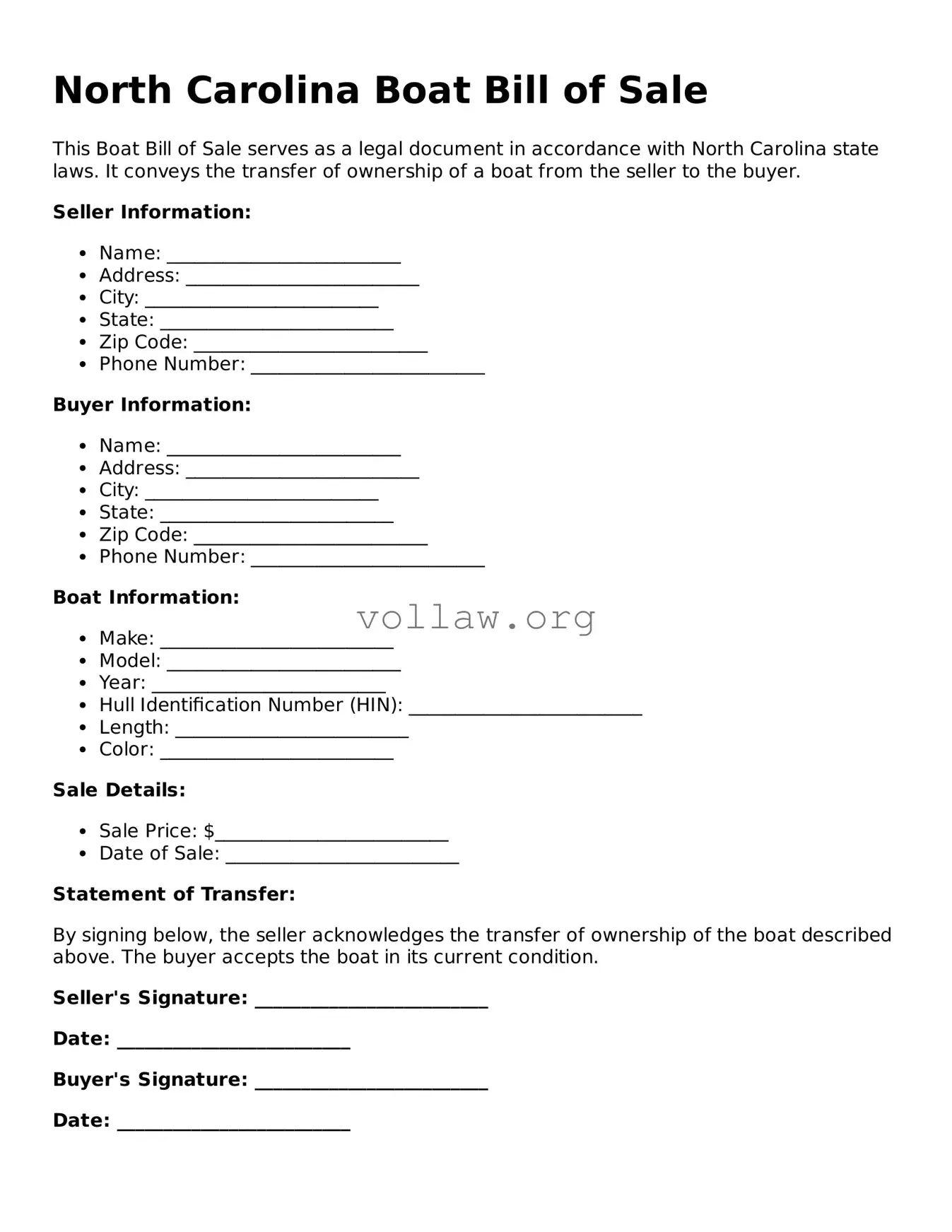 Attorney-Verified  Boat Bill of Sale Form for North Carolina