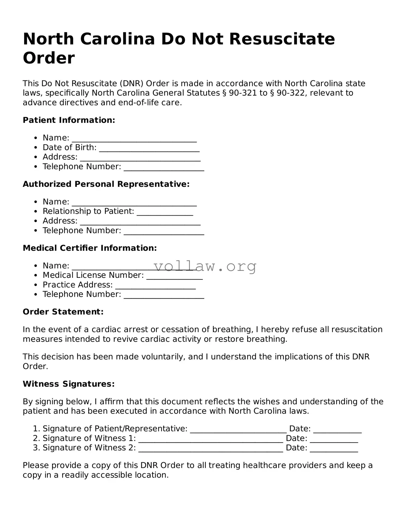 Attorney-Verified  Do Not Resuscitate Order Form for North Carolina
