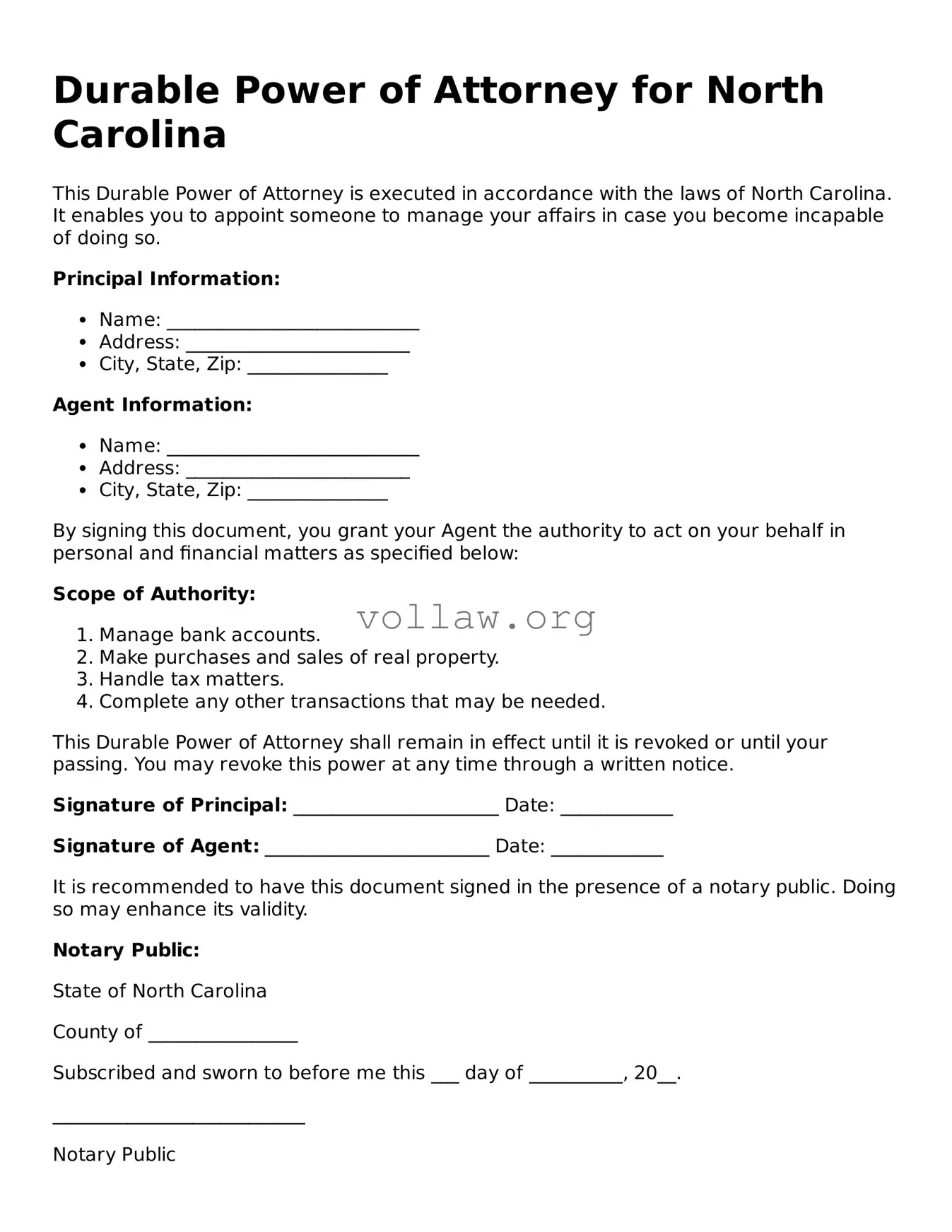 Attorney-Verified  Durable Power of Attorney Form for North Carolina