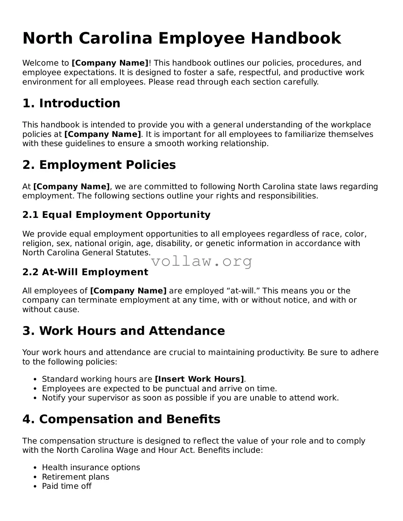 Attorney-Verified  Employee Handbook Form for North Carolina