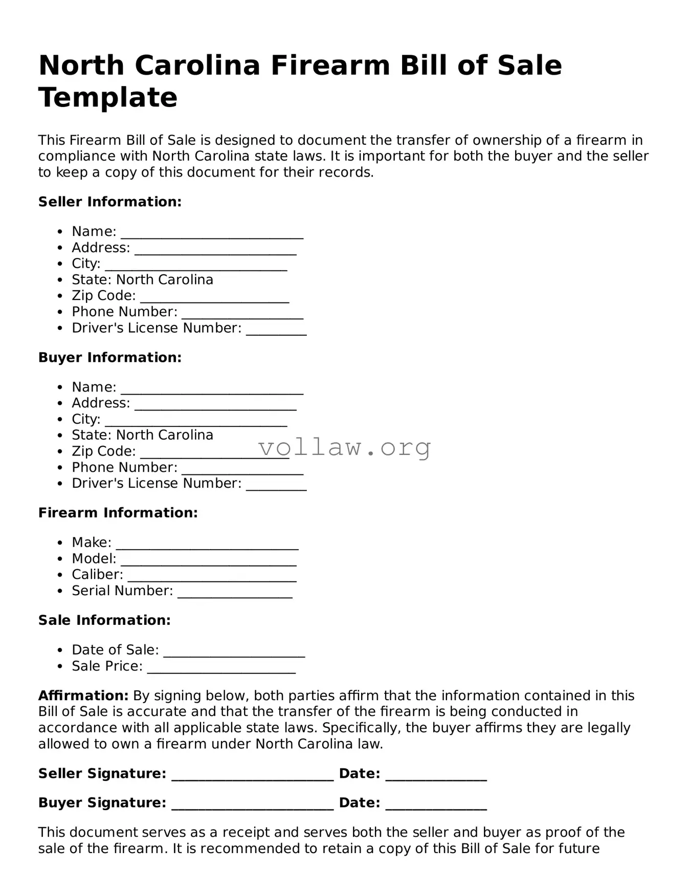 Attorney-Verified  Firearm Bill of Sale Form for North Carolina
