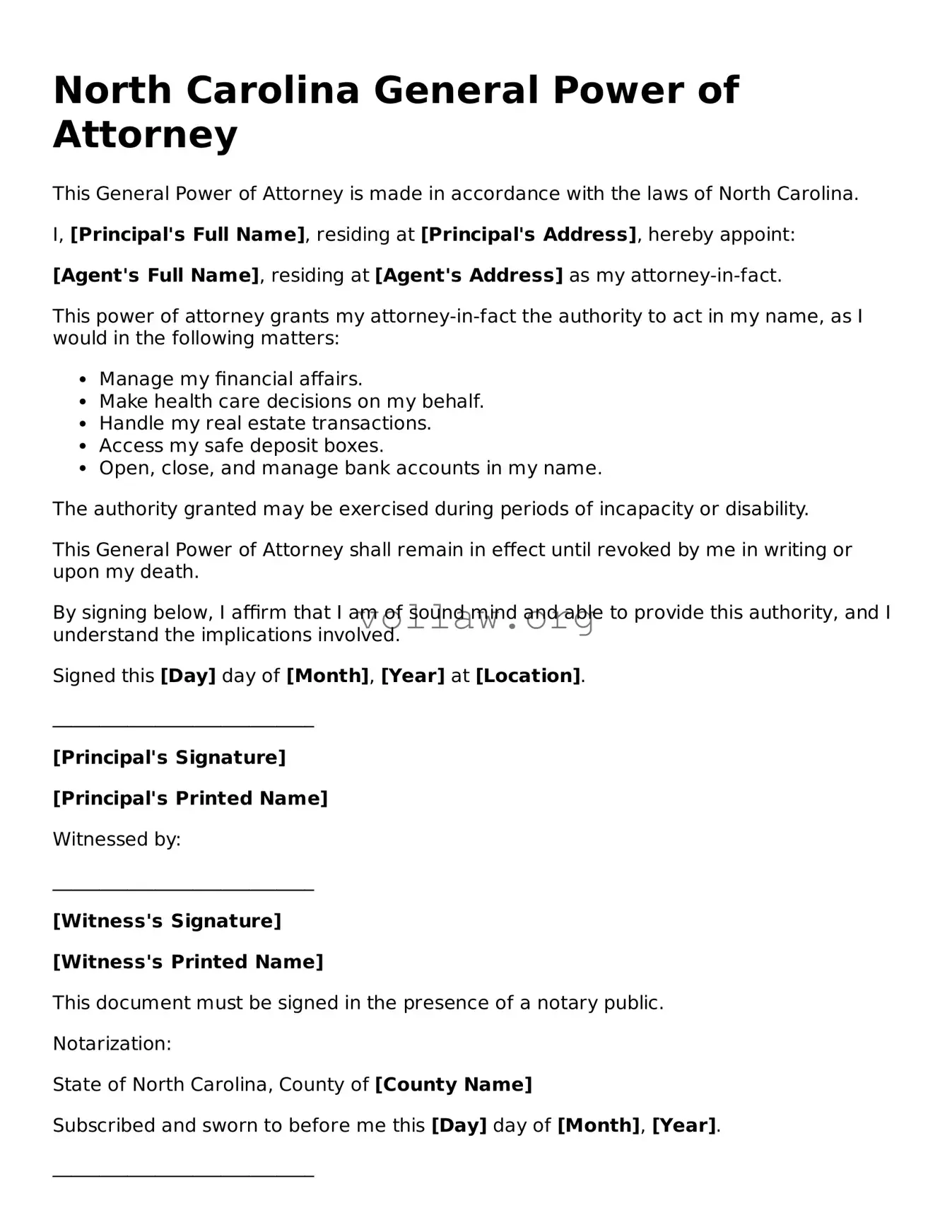 Attorney-Verified  General Power of Attorney Form for North Carolina
