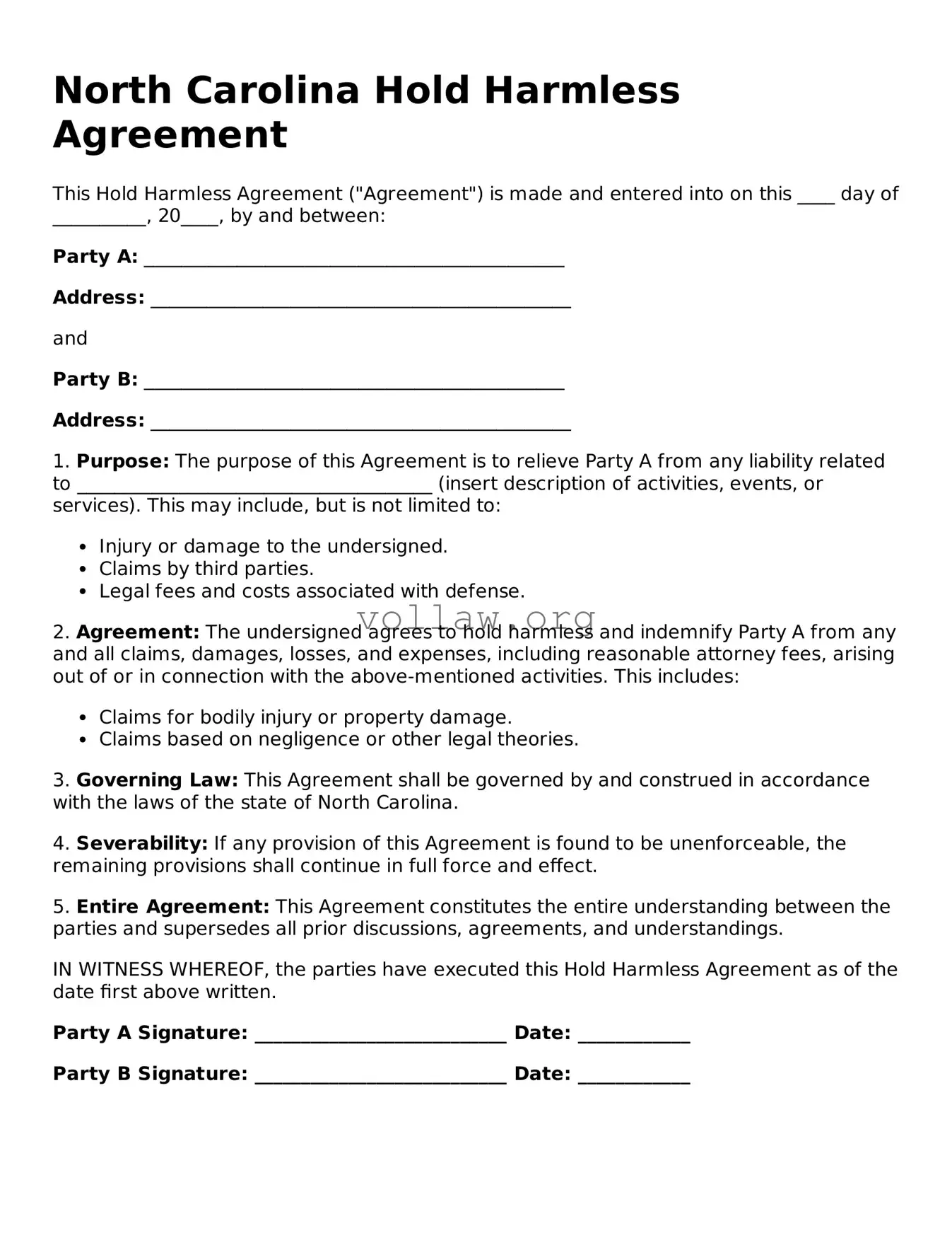 Attorney-Verified  Hold Harmless Agreement Form for North Carolina