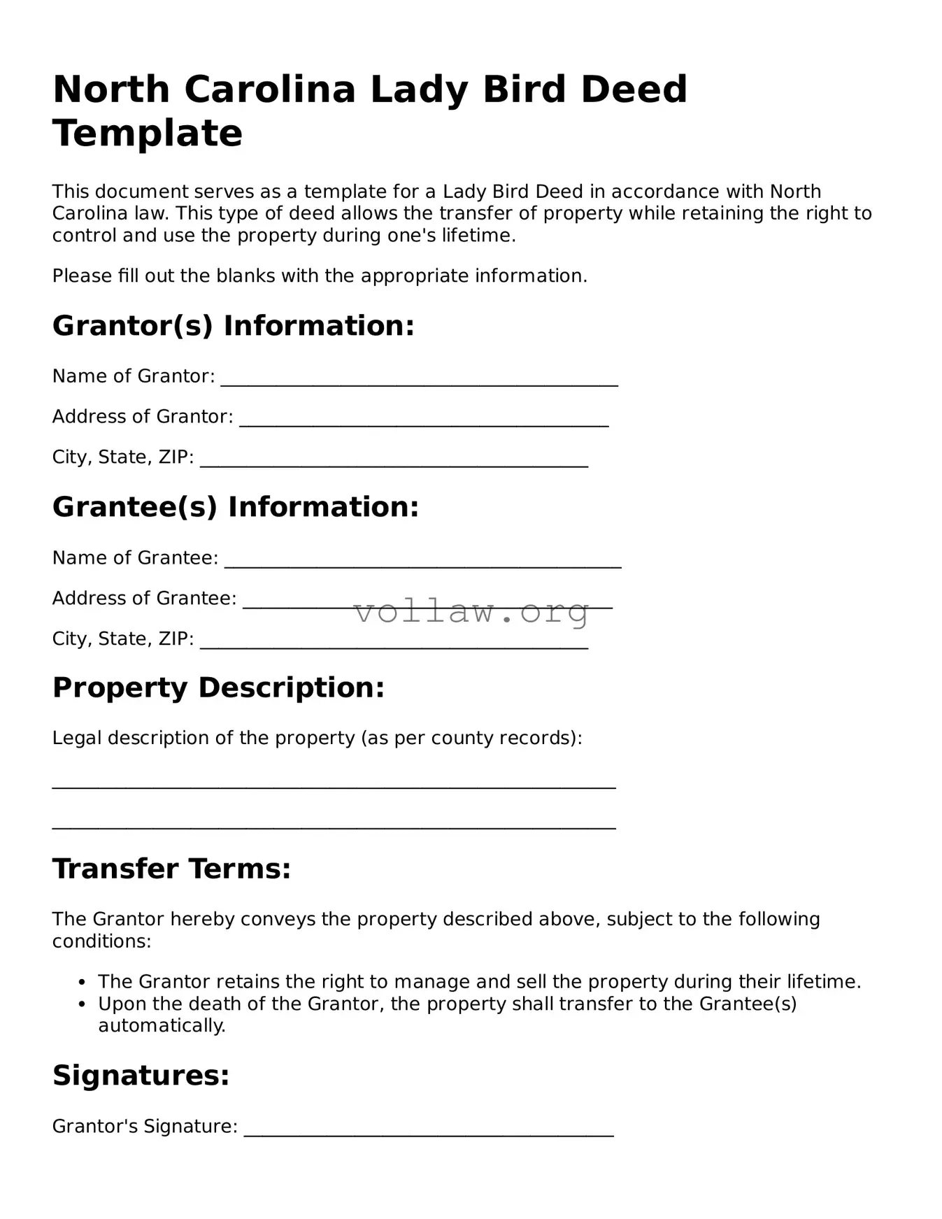 Attorney-Verified  Lady Bird Deed Form for North Carolina