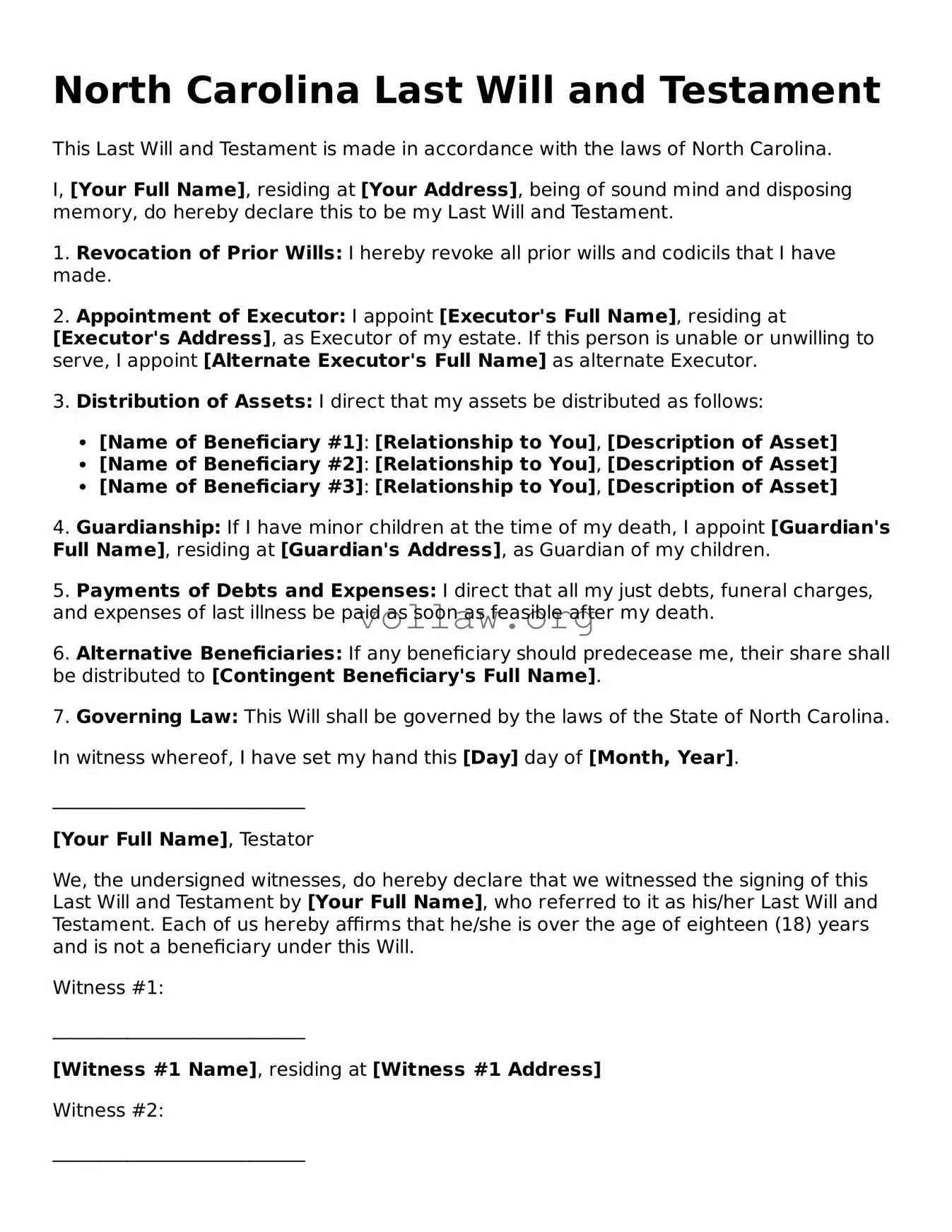 Attorney-Verified  Last Will and Testament Form for North Carolina