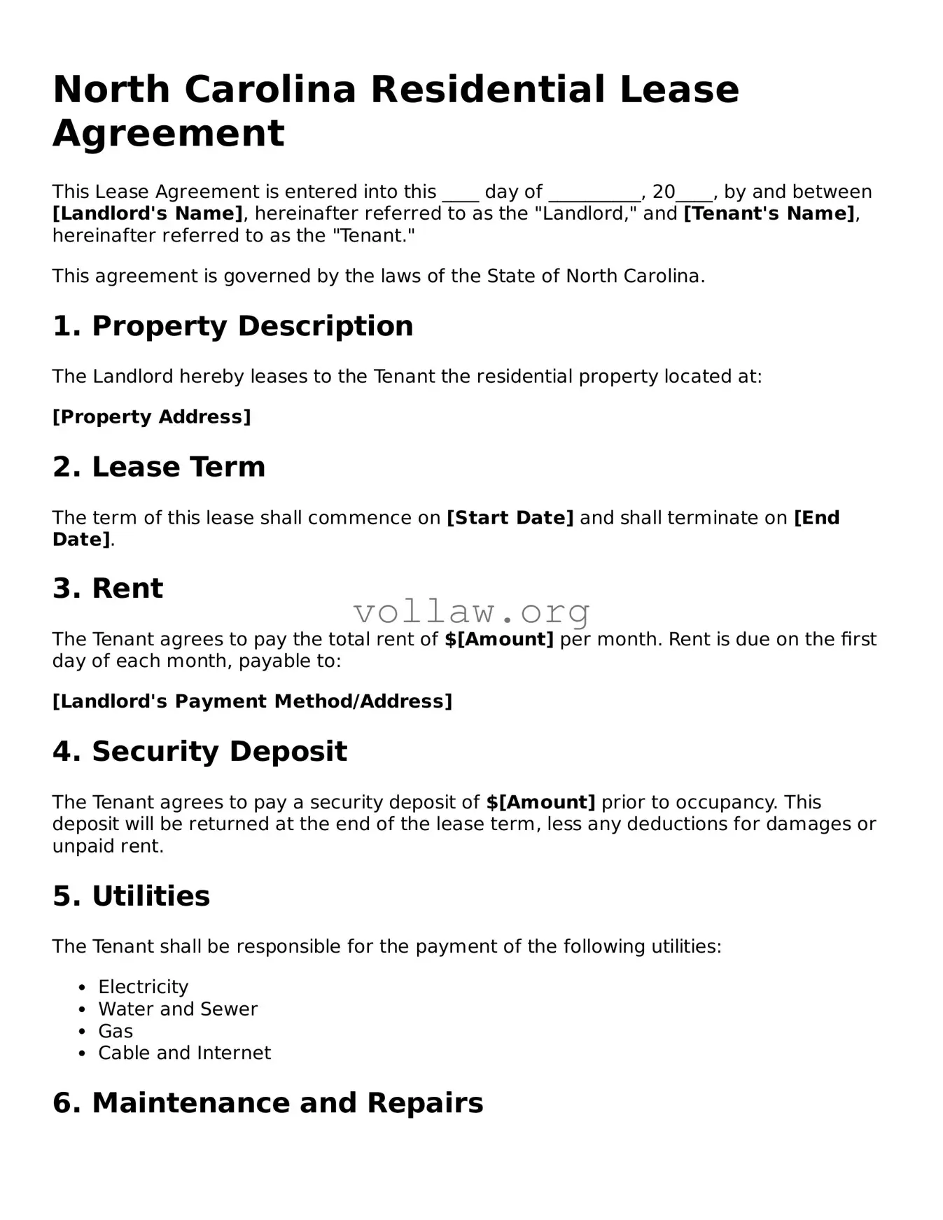 Attorney-Verified  Lease Agreement Form for North Carolina