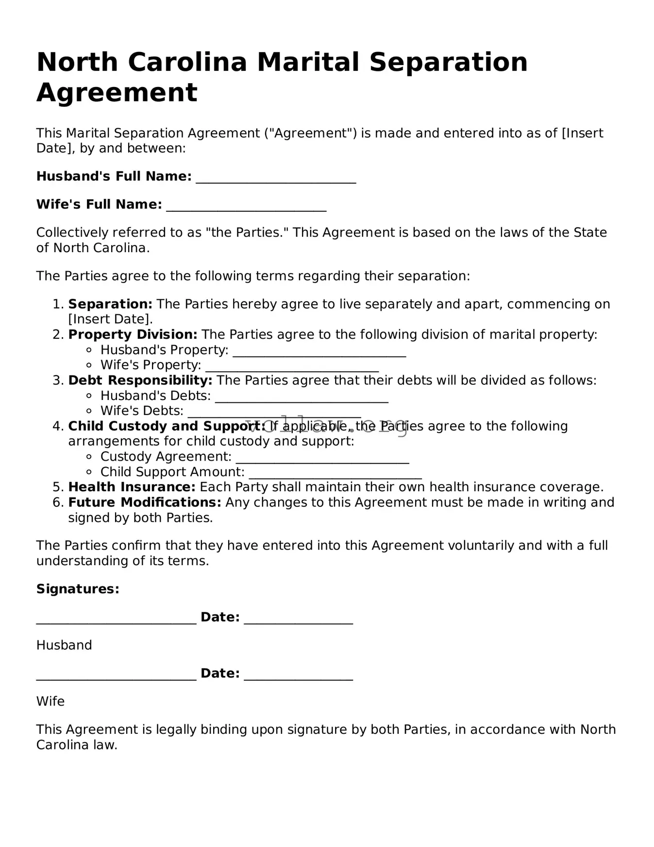 Attorney-Verified  Marital Separation Agreement Form for North Carolina