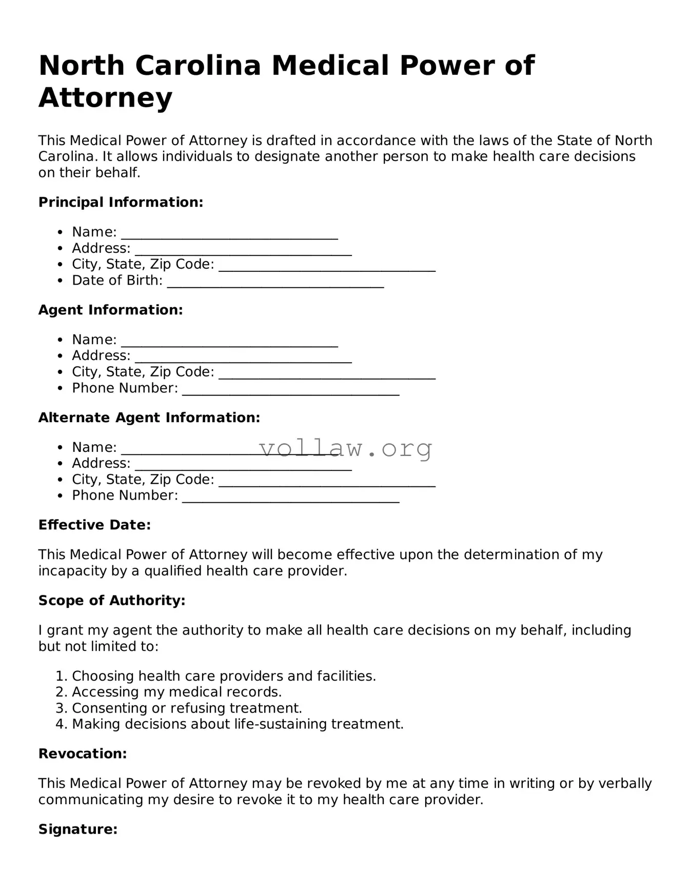 Attorney-Verified  Medical Power of Attorney Form for North Carolina