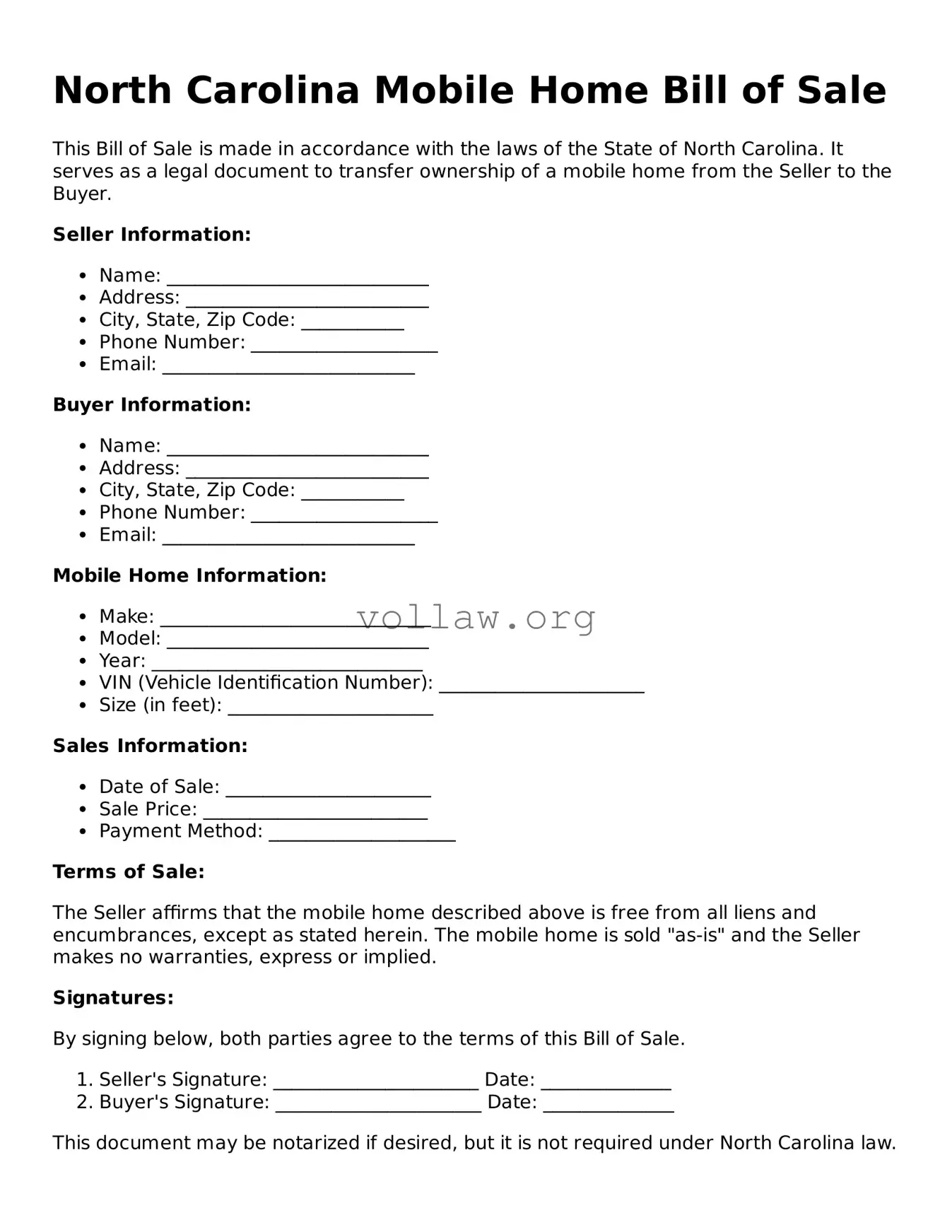 Attorney-Verified  Mobile Home Bill of Sale Form for North Carolina