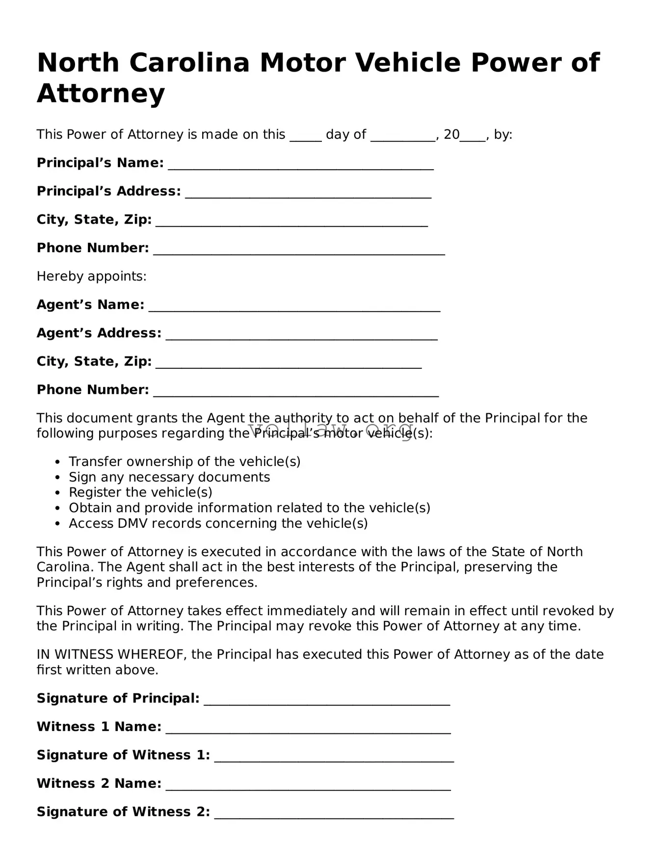 Attorney-Verified  Motor Vehicle Power of Attorney Form for North Carolina