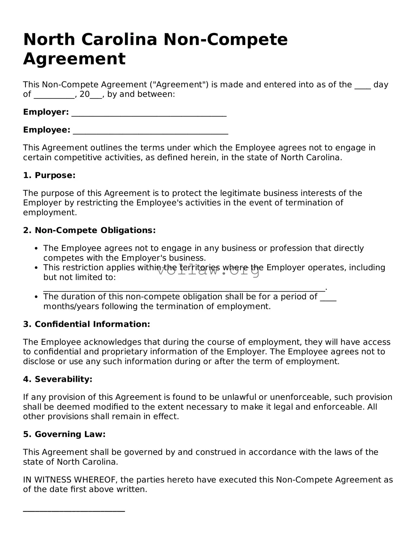 Attorney-Verified  Non-compete Agreement Form for North Carolina