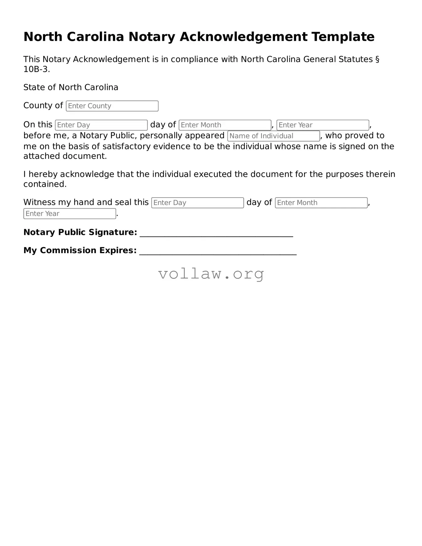 Attorney-Verified  Notary Acknowledgement Form for North Carolina